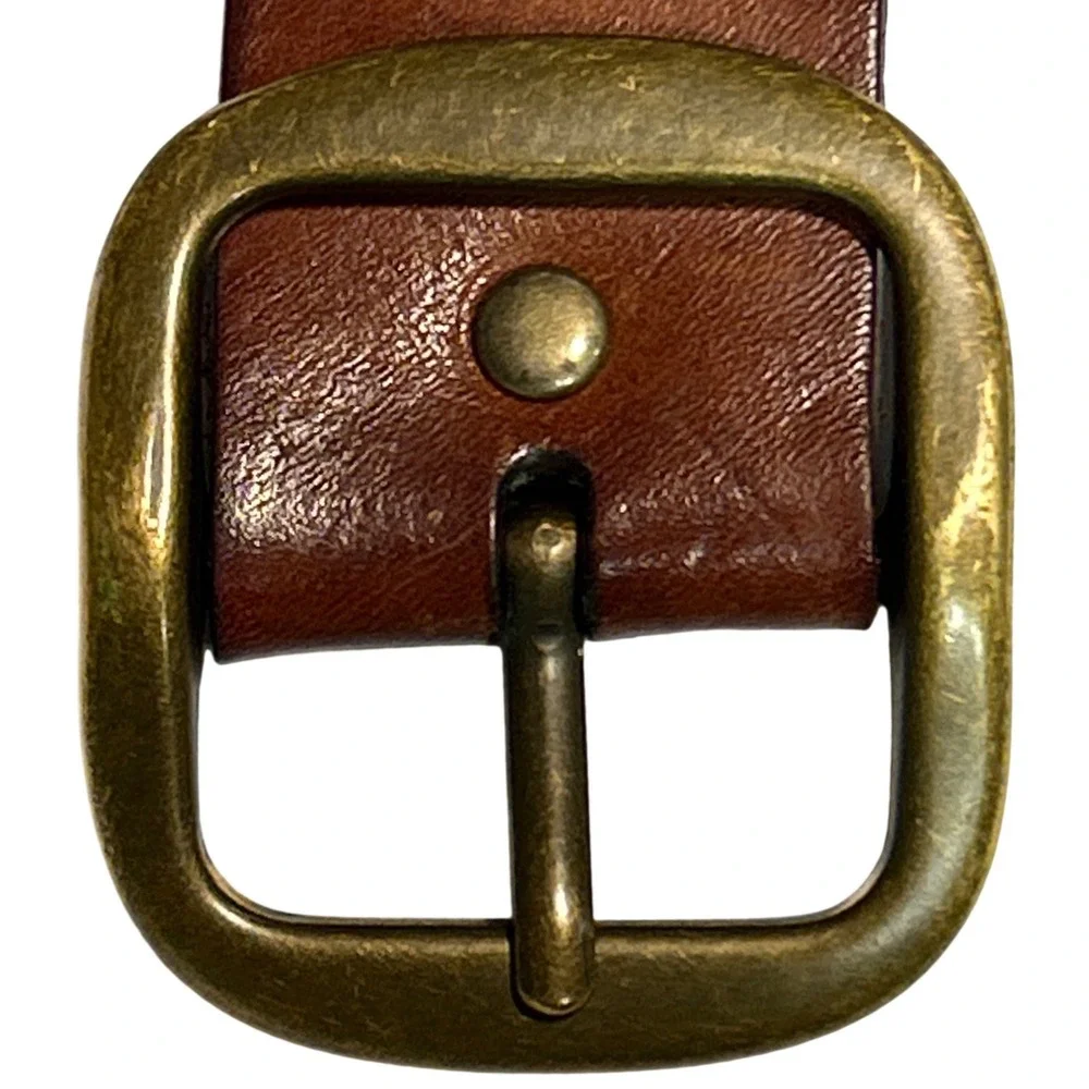 Cognac Brown Italian Leather Whipstitch Belt with Antiqued Brass Buckle Size M